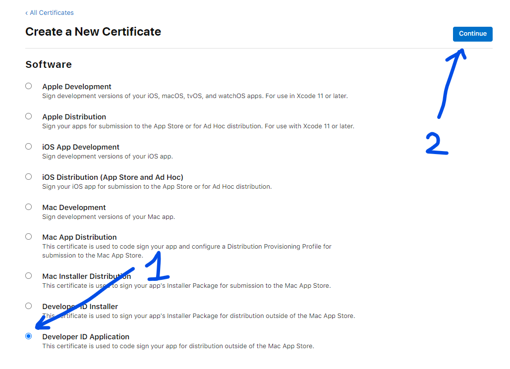 Selecting the right option from the “Create a New Certificate” section